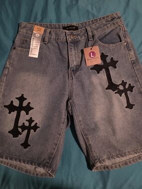 Between Us Light Blue Denim Jean Shorts with Black Cross Appliqué